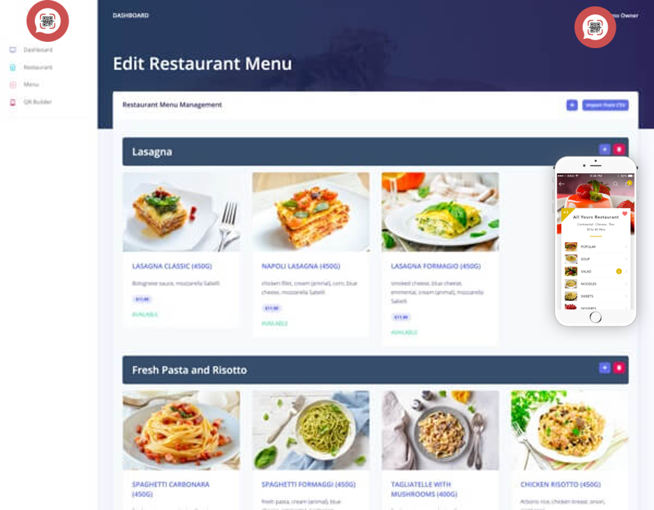 myqr menu restaurant interface de création